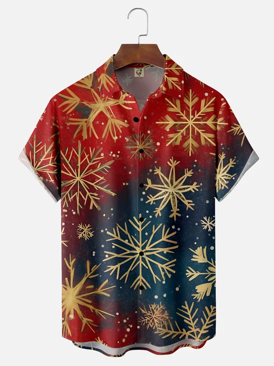 Moisture Wicking Merry Christmas Star Snowflake Chest Pocket Hawaiian Shirt
