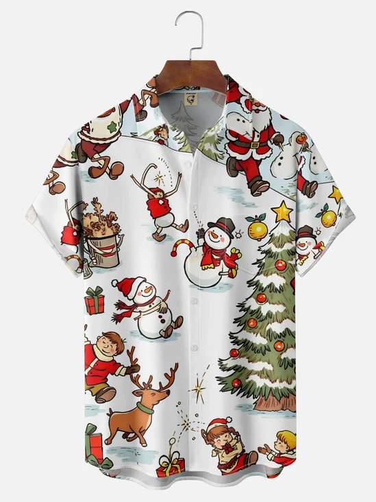 Moisture Wicking Merry Christmas Funny Santa Snowman Elk Chest Pocket Hawaiian Shirt