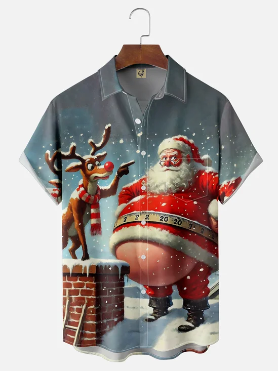 Moisture Wicking Merry Christmas Funny Santa Elk Chest Pocket Hawaiian Shirt