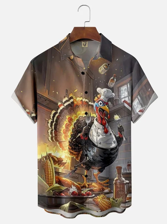 Moisture Wicking Thanksgiving Chef Turkey Breast Pocket Hawaiian Shirt