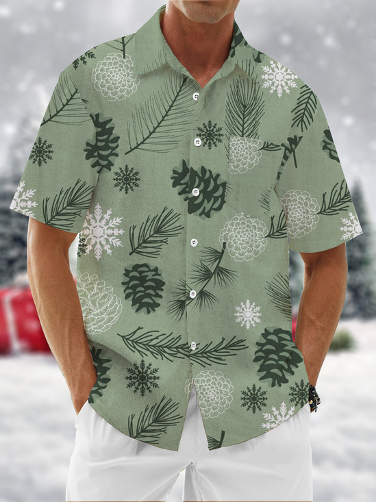 Moisture Wicking Merry Christmas Snowflake Plant Pinecone Chest Pocket Hawaiian Shirt