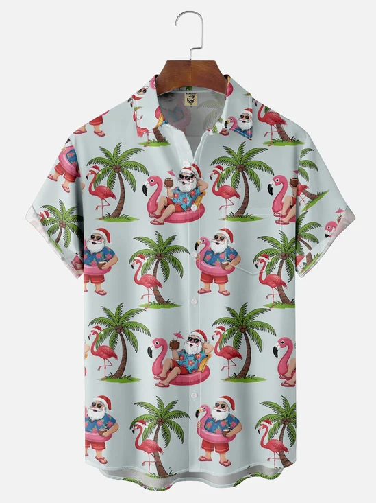 Moisture-Wicking Santa Claus Flamingo Coconut Tree Swim Ring Chest Pocket Hawaiian Shirt
