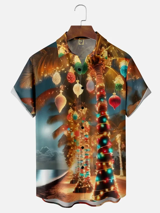 Moisture-wicking Christmas Coconut Tree Lighting Beach Chest Pocket Casual Shirt