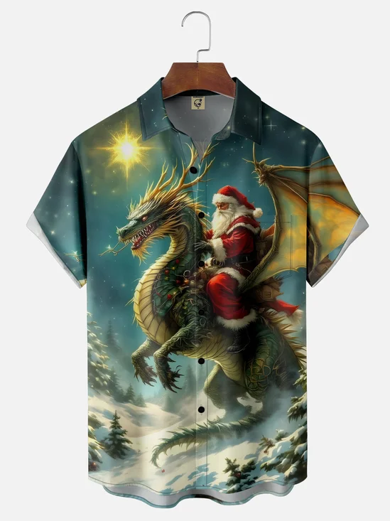 Moisture-wicking Christmas Santa Claus Dragon Chest Pocket Casual Shirt