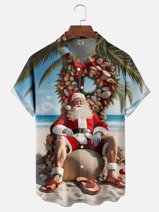 Moisture-wicking Christmas Santa Beach Chest Pocket Casual Shirt