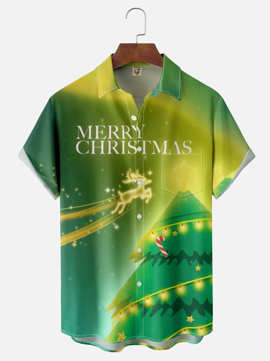Moisture-wicking Christmas Tree Elk Merry Christmas Chest Pocket Casual Shirt