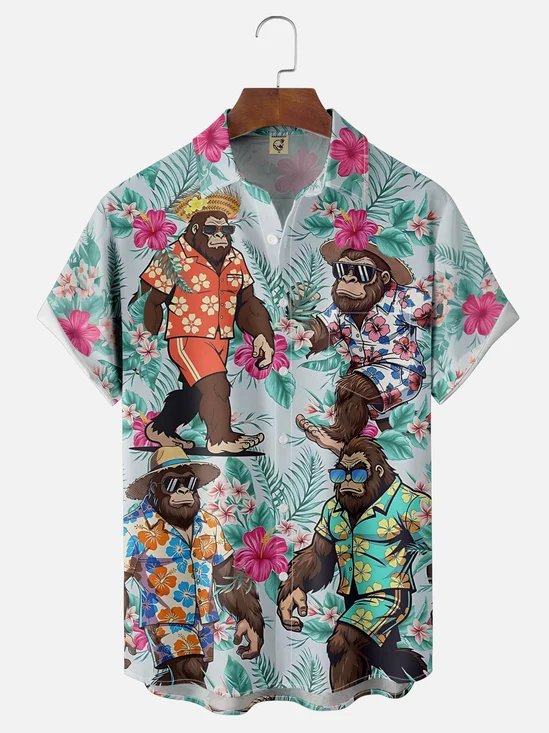 Moisture-Wicking Vacation Straw Hat Sunglasses Bigfoot Tropical Plants Chest Pocket Hawaiian Shirt