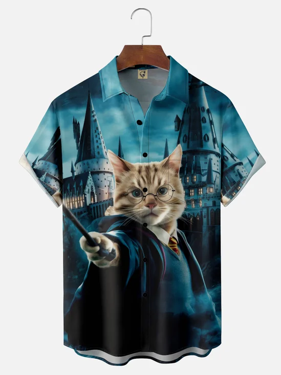 Moisture-wicking Cat Magic Castle Funny Chest Pocket Casual Shirt