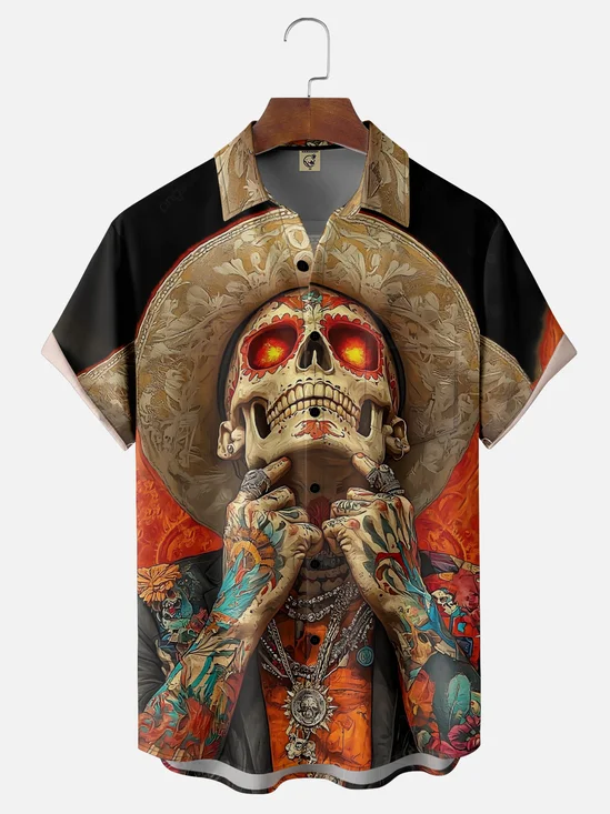 Moisture-wicking Skull Art Day of the Dead Chest Pocket Casual Shirt