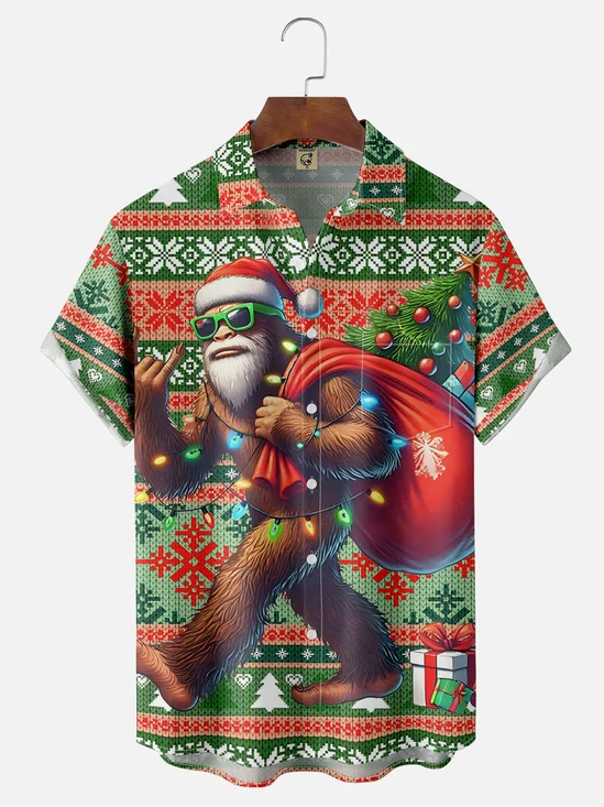 Moisture-wicking Christmas Bigfoot Santa Chest Pocket Casual Shirt