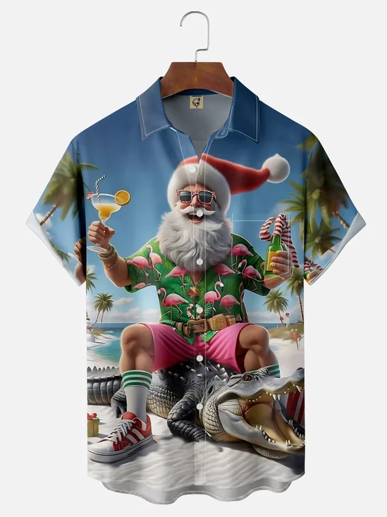 Moisture-wicking Christmas Santa Croc Beach Chest Pocket Casual Shirt