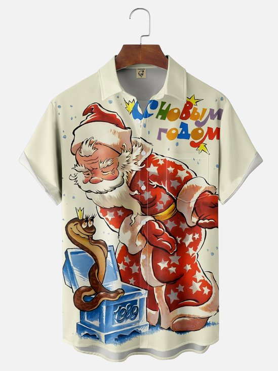 Moisture-Wicking Vintage llustration Santa Snake Chest Pocket Hawaiian Shirt