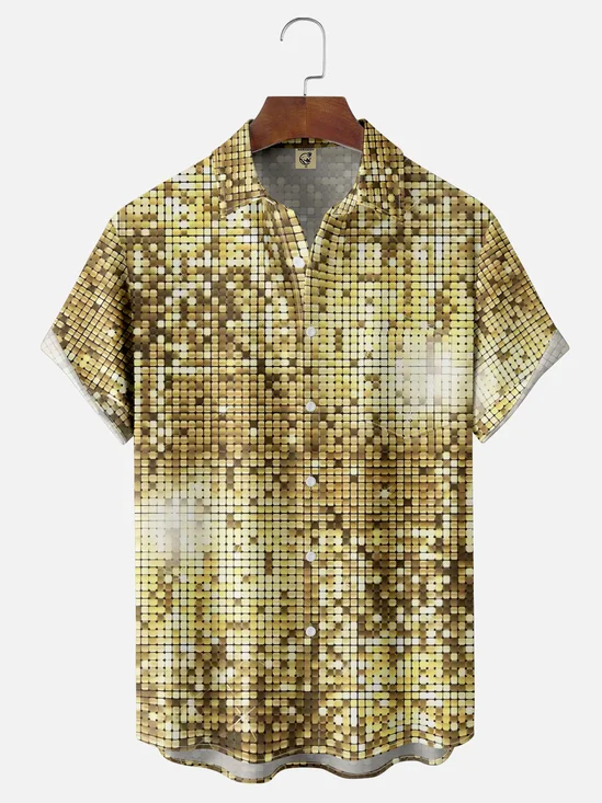 Moisture-wicking Party Gold Glitter Sequin Art Chest Pocket Casual Shirt