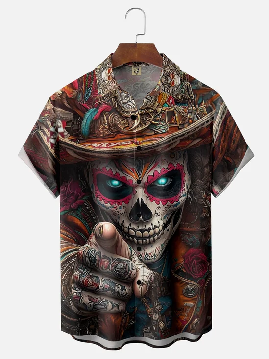 Moisture-wicking Artistic Skull Day of the Dead Chest Pocket Casual Shirt