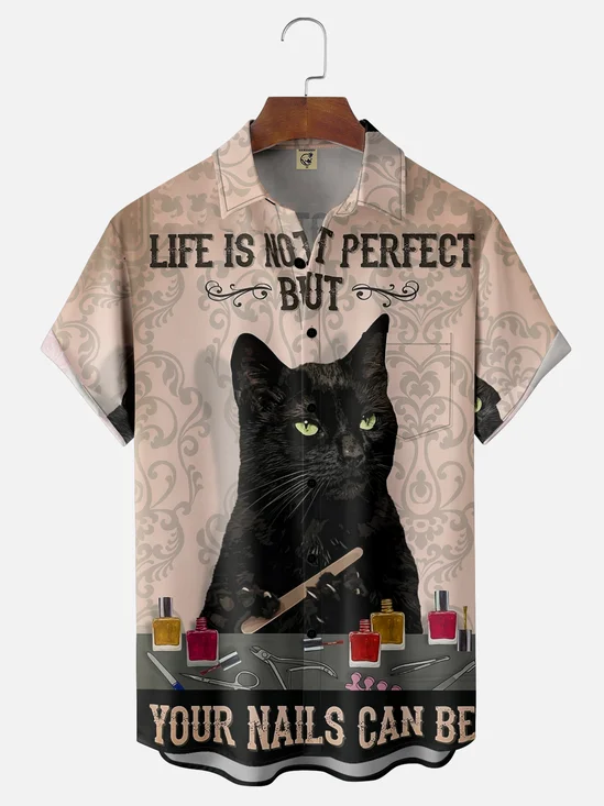 Moisture-wicking Cat Funy Chest Pocket Casual Shirt