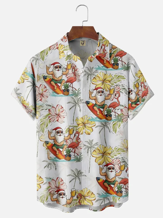 Moisture-Wicking Surfing Santa Claus Beer Flamingo Coconut Tree Flower Chest Pocket Hawaiian Shirt