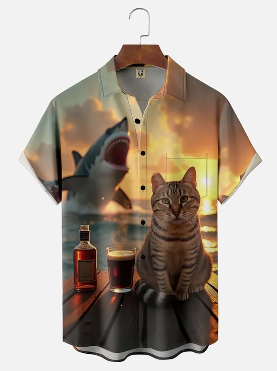 Moisture-wicking Cat Shark Funny Chest Pocket Casual Shirt