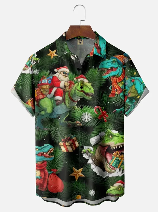 Moisture Wicking Merry Christmas Dinosaur Santa Chest Pocket Hawaiian Shirt