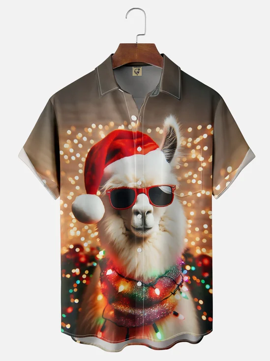 Moisture-wicking Christmas Santa Claus Alpaca Chest Pocket Casual Shirt