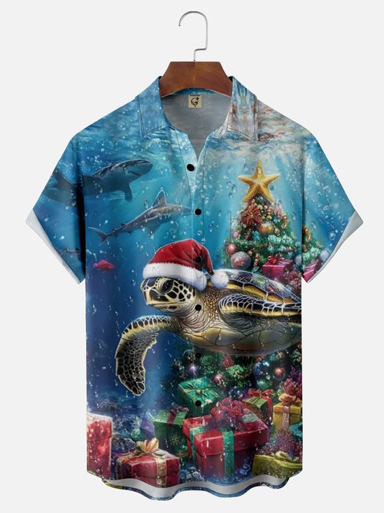 Moisture Wicking Merry Christmas Turtle Chest Pocket Hawaiian Shirt