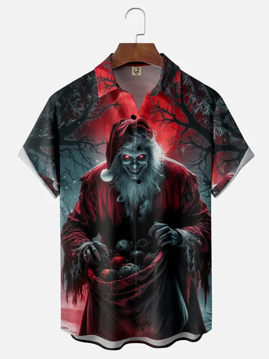 Moisture-wicking Christmas Santa Claus Horror Chest Pocket Casual Shirt