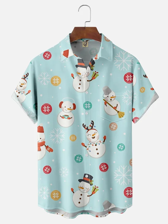 Moisture-Wicking Christmas Snowman Snowflake Chest Pocket Hawaiian Shirt