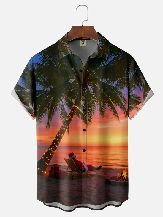Moisture-wicking Christmas Santa Claus Coconut Tree Lighting Beach Chest Pocket Casual Shirt