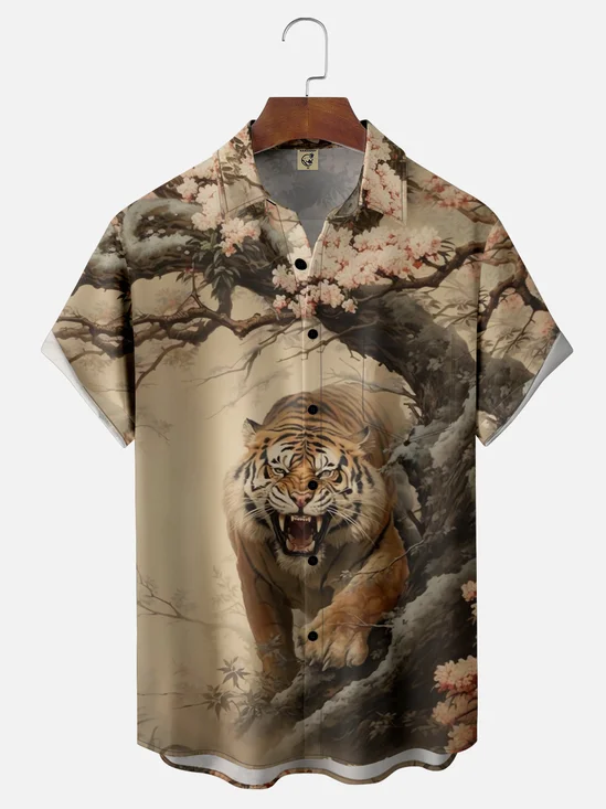 Moisture-wicking Japanese Art Sakura Tiger Chest Pocket Casual Shirt