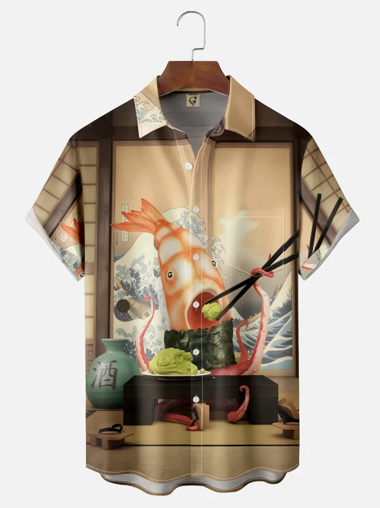 Moisture-wicking Octopus Shrimp Sushi Fun Chest Pocket Casual Shirt