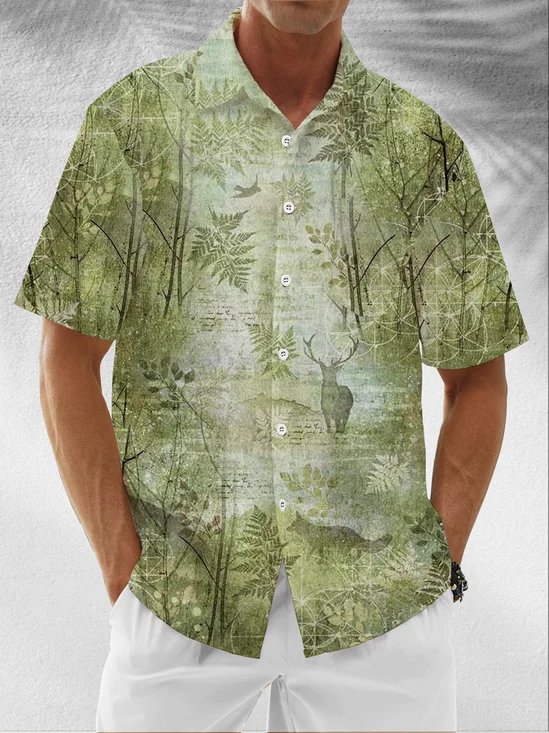 Moisture Wicking Botanical Leaf Jungle Chest Pocket Hawaiian Shirt