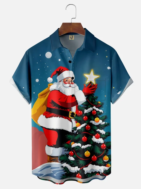 Moisture-wicking Christmas Santa Claus Chest Pocket Casual Shirt
