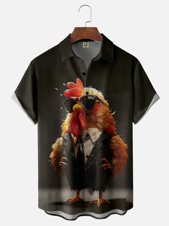 Moisture Wicking Funny Cool Rooster Chest Pocket Hawaiian Shirt