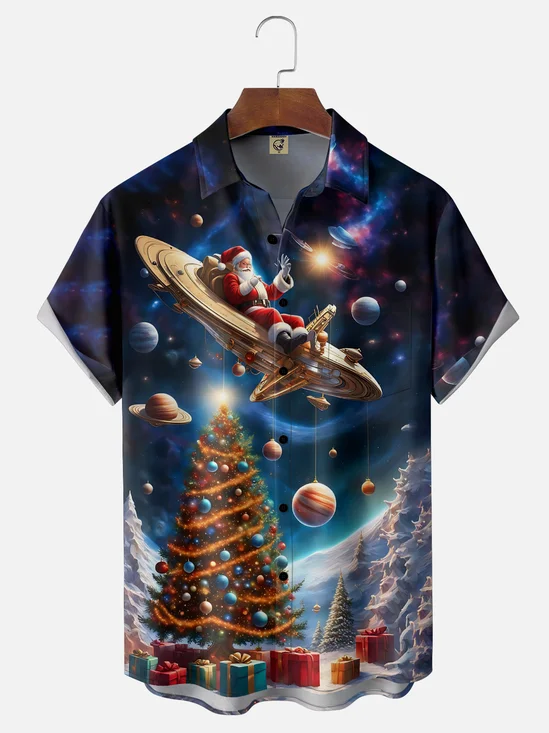 Moisture-wicking Christmas Santa Claus Chest Pocket Casual Shirt