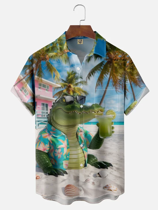 Moisture-wicking Crocodile Coconut Tree Beach Chest Pocket Casual Shirt
