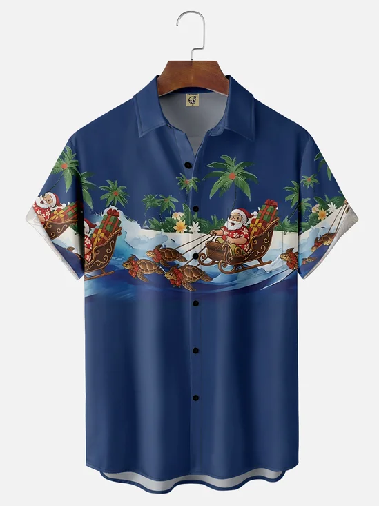 Moisture-Wicking Beach Riding A Turtle Santa Claus Chest Pocket Hawaiian Shirt