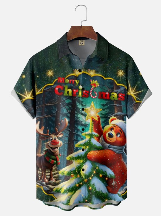 Moisture Wicking Merry Christmas Bear Chest Pocket Hawaiian Shirt