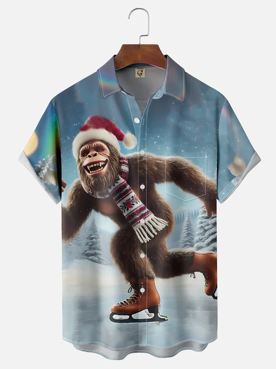 Moisture-wicking Christmas Bigfoot Ski Chest Pocket Casual Shirt