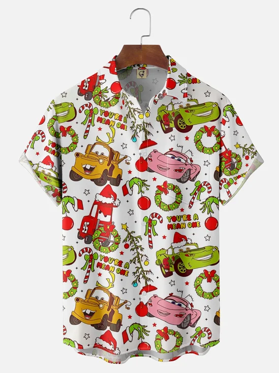 Moisture-Wicking Christmas Cars Christmas Tree Candy Cane Chest Pocket Hawaiian Shirt