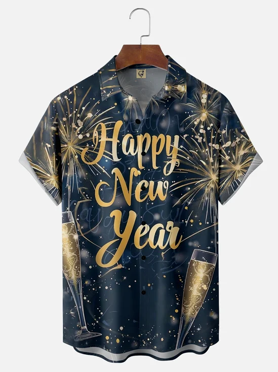 Moisture-wicking Happy New Year Fireworks Art Chest Pocket Casual Shirt
