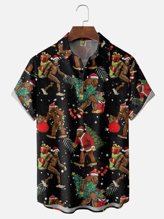 Moisture-wicking Christmas Bigfoot Christmas Tree Chest Pocket Casual Shirt