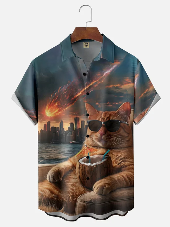 Moisture-wicking Cat Meteorite Funny Chest Pocket Casual Shirt