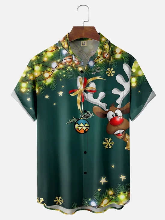 Moisture Wicking Merry Christmas Elk Chest Pocket Hawaiian Shirt