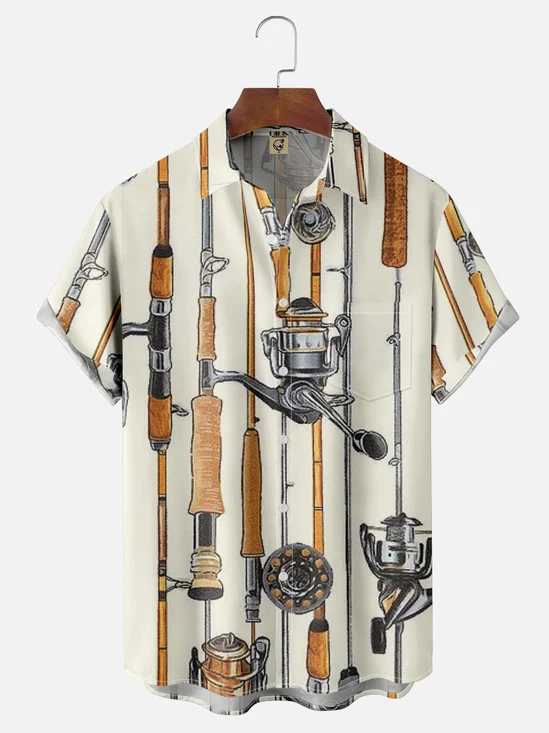 Moisture-wicking Fun Flat Fishing Rod Chest Pocket Casual Shirt
