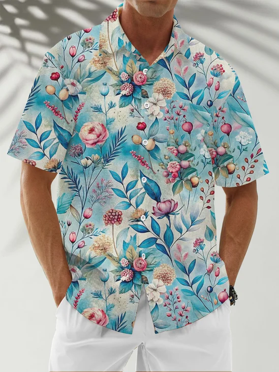 Moisture Wicking Floral Chest Pocket Hawaiian Shirt