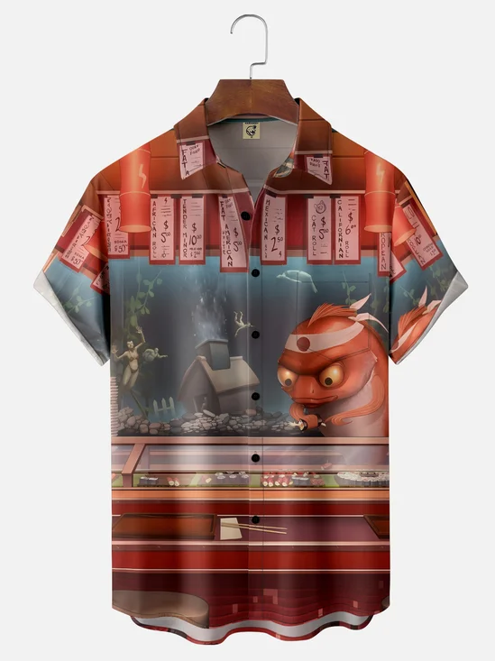 Moisture-wicking Fish Sushi Funny Chest Pocket Casual Shirt