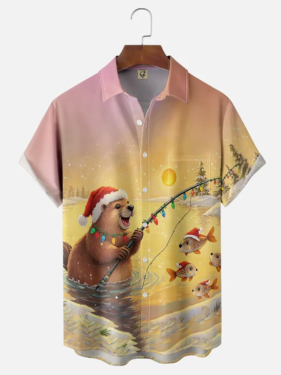 Moisture Wicking Christmas Funny Beaver Fishing Chest Pocket Hawaiian Shirt