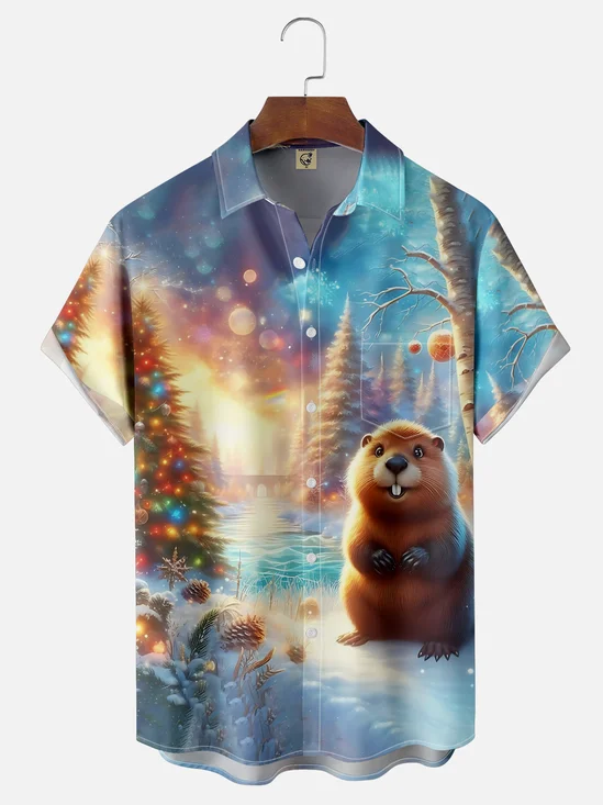 Moisture Wicking Christmas Funny Beaver Chest Pocket Hawaiian Shirt