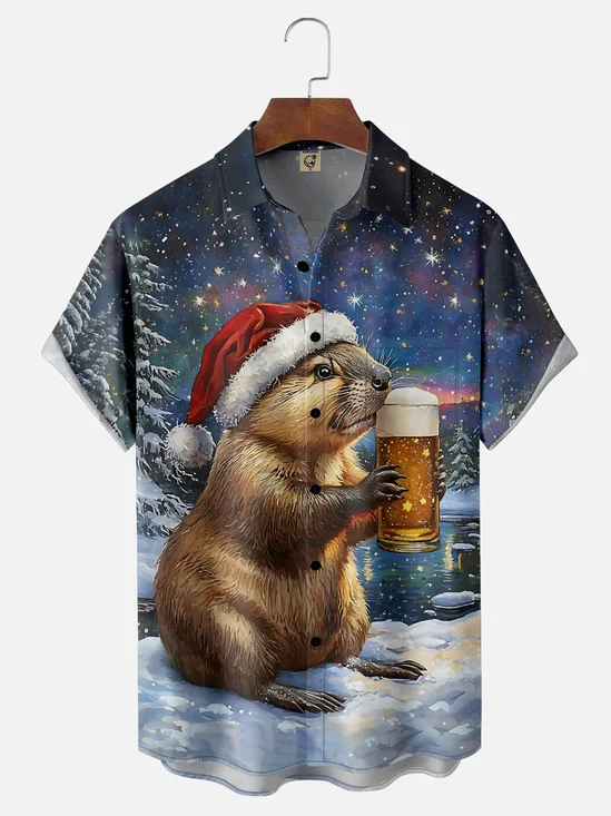 Moisture Wicking Christmas Funny Beaver Beer Chest Pocket Hawaiian Shirt
