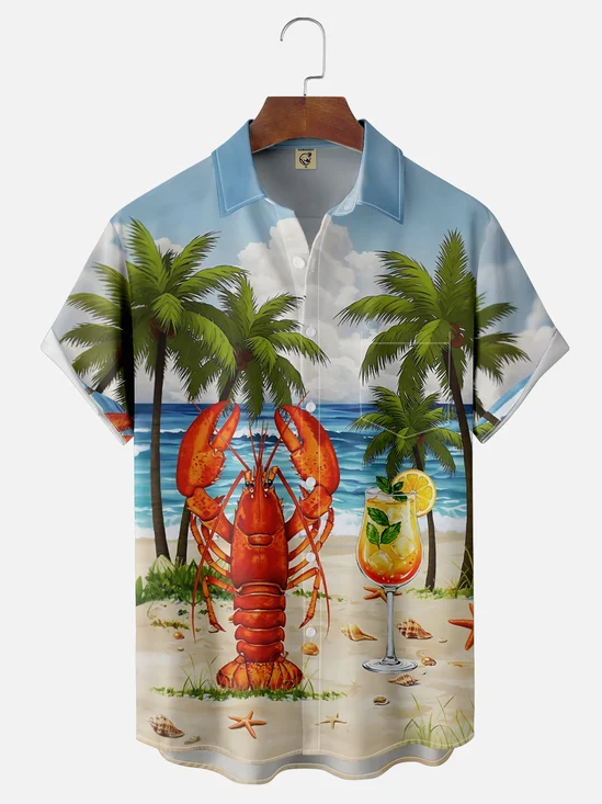 Moisture Wicking Gradient Colors Beach Lobster Cocktail Chest Pocket Holiday Shirt