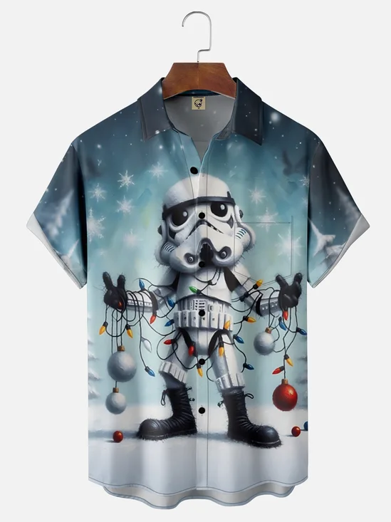 Moisture Wicking Star Christmas Lights Chest Pocket Holiday Shirt